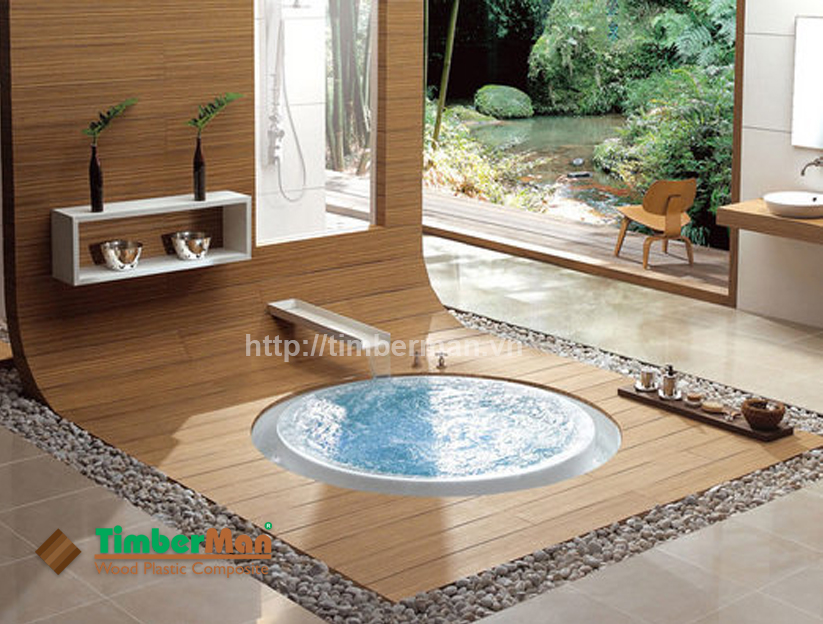 Với xu hướng hướng về thiên nhiên- sàn gỗ ngoài trời khi ứng dụng vào nhà tắm với chất liệu tự nhiên khác như đá gỗ cho ra một hơi thở thoải mái, tối giản thổi vào không gian nhà tắm